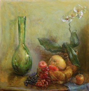 Orchid with Basket of Fruit and Green Vase by Gail Schulman