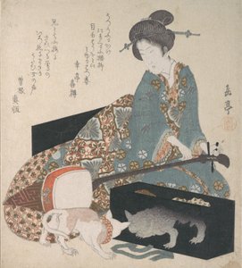 Woman Tuning a Shamisen and a Cat Looking at its Own Reflection, mid-1820s by Gakutei
