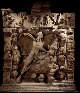 Gallo Roman Art: relief depicting Mithra the god of light with the bull. From a Mithraeum temple. 50 BC-100 AD. Metz. Museum of Fine Arts