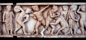Gallo Roman art: marble frieze from a sarcophagus depicting children playing by Gallo Roman Gallo Roman