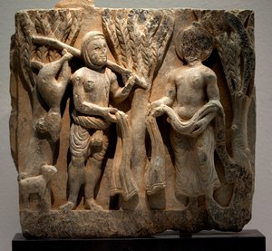 Exchange clothes with a hunter. Low relief sculpted, art of Gandhara (Pakistan), 2nd-3rd century. National Museum of Korea, Seoul (South Korea)