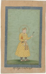 Portrait of Akbar, Standing, with Feather Plume in Hand by Gangaram (attributed to)