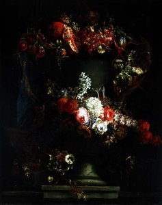 Swag of Grapes, Plums and Pomegranate with Flowers by Gaspar Pieter II Verbruggen