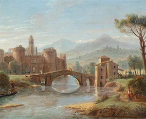 A River Landscape with a Bridge Leading to a Fortified Town by Gaspar van (1653-1736) Wittel