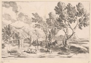 River Landscape with Bridge and Fishermen by Gaspard Dughet