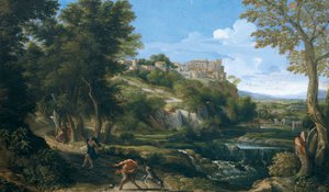 Landscape showing dancing faun and nymph
