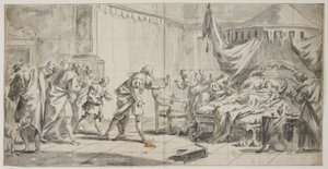 A Couple Lying in a Bed While Others Hurry to the Spot