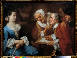 A Painter and His Model, Behind Him an Old Woman Stretches Her Neck to Watch Her Drawing by Gaspare Traversi