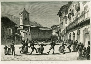 Dances in the public square. Engraving by G.Vuillier, to illustrate the story 