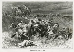 The Ghazou, or razzia, looting with a hand. Engraving by G.Vuillier, to illustrate the story Pelerinage au Nedjed, cradle of the Arab race, by Lady Anna Blunt, in 1878-1879, published in the Tour du monde, under the direction of Edouard Charton (1807-1890) by Gaston Vuillier
