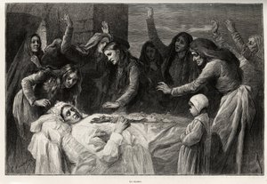 The vocero, Corsican funebre song calling for revenge. Engraving and story La Corse by Gaston Vuillier
