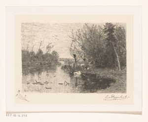 Ducks Along and On the Shore of a Pond (Duck Pond) by Geo Poggenbeek (signed by artist)
