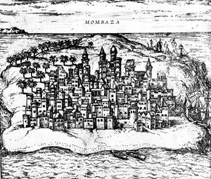 View of Mombaza, from Georg Brauns Civitates orbis terrarum (detail) by Georg Braun und Franz Hogenberg