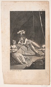 Illustration with a lady playing the lute for a gentleman in a tent by Georg Christian Schule