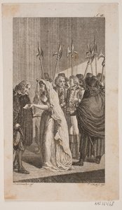 Illustration with a Young Lady Giving a Letter to an Older Man. In the Background Two Gentlemen Surrounded by City Guards by Georg Christian Schule