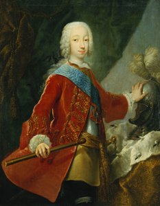 Portrait of a Gentleman, Probably the Grand Duke Peter Fedorovich, Later Czar Peter III, Standing Three-Quarter Length, Wearing a Red Embroidered Jacket, Breastplate and the Badge of Saint Anne, Holding a Baton, His Hand Resting on a Helmet on a Table