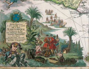 Map of Martinique created by Matthieu Seutter, details: Merchants and Native American Indian by Georg Matthäus Seutter