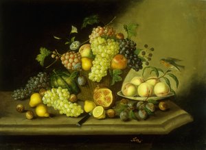 A Still Life with a Basket of Grapes and Mixed Fruit on a Stone Ledge