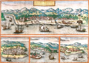 Kozhikode, Hormuz Island, Kannur, Elmina, India, Iran, Ghana by Georg and Hogenberg Franz (1535 90) Braun