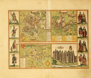 Map of York, Shrewbury, Lancaster and Richmond Castle from Civitates Orbis Terrarum by Georg Braun by Georg Braun and Hogenberg Franz