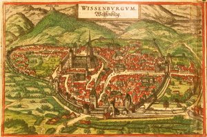 Wissembourg, White Castle, Alsace by Georg and Hogenberg Franz (1535 90) Braun