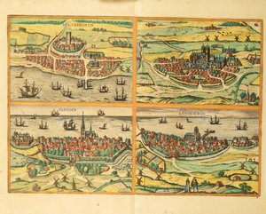 Helsingborg, Lund, Malmo, Elbogen and Landskrona, from Civitates Orbis Terrarum, Cologne by Georg Braun and Hogenberg Franz