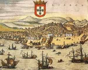 Map of City of Lisbon, from Civitates Orbis Terrarum by Georg Braun and Franz Hogenberg, engraving by Georg Braun and Hogenberg Franz
