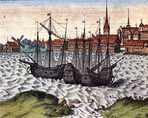 The port of Lubeck after the Theatrum Orbis Terrarum of Braun and Hogenberg. 17th century by Georg Braun and Hogenberg Franz