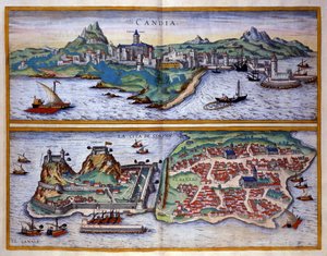 View of the port of Candie (present-day Heraklion) in Crete and the port of Corfu in Greece Engraving by George Braun In 