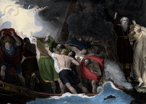 Prospero and Miranda, right, standing on the island as the sailors are shipwrecked by George (after) Romney