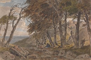 Figures on the Bank of a Wooded Lane, with Sea in Distance Left by George Barret Jr.