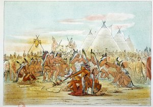 Indians of America: Assiniboin tribe resembling Sioux dancing pipe dance. Illustration by George Catlin by George Catlin