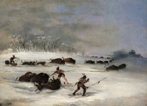 Sioux Indians on Snowshoes Lancing Buffalo