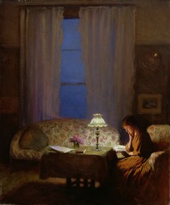 Reading by Lamplight (Twilight: Interior) by George Clausen