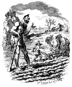 A Giant Stands in a Field as a Farmer Ploughs by George Cruikshank