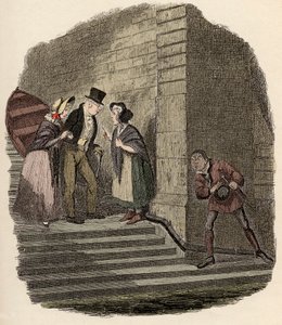 Noe Claypole spying on the secret appointment between Mr. Brownlow, Rose Maylie and Nancy (Illustration for 