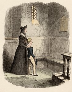 Rose Maylie and Oliver in front of the commemorative plaque of Agnes, their sister and mother (Illustration for 