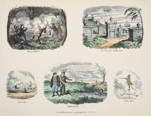 Scraps and Sketches: Preservation, An African Settlement, Spoon-bill, Botheration, A Vane Man, published 1831 by George Cruikshank