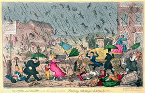 Very Unpleasant Weather, or the Old Saying verified Raining Cats, Dogs and Pitchforks! by George Cruikshank