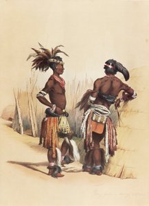 Two young Zulu men, adorned in vibrant traditional attire