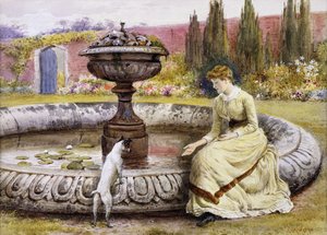 A Lady and a Dog Beside an Ornamental Pool
