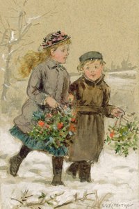 Children Playing in the Snow - Collecting Holly by George Goodwin Kilburne
