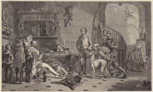 Shakespeare brought before Sir Thomas Lucy for poaching deer (engraving)