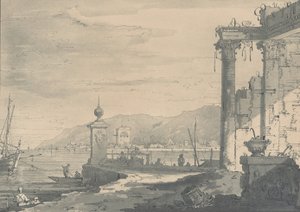 A Coastal Scene with a Classical Ruin by George Hawkins