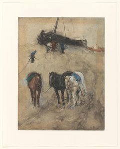 Horses on the Beach, with a Boat and Fishermen in the Background by George Hendrik Breitner