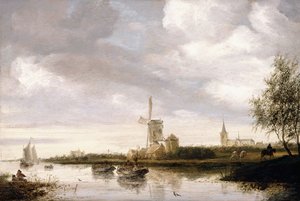 A River Landscape with Barges and Sailboats and a Church beyond