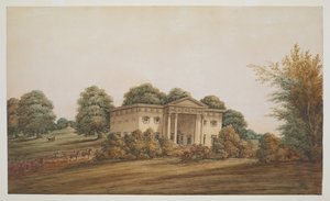 A palladian garden house in a park-like landscape, Delhi, with a carriage and outriders approaching