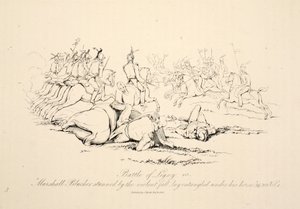 Battle of Ligny: Marshall Blucher Stunned by the Violent Fall Lay Entangled Under His Horse, pub J. Booth, 1816
