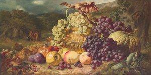 Still Life with Fruit in a Landscape, a Hunting Party Beyond