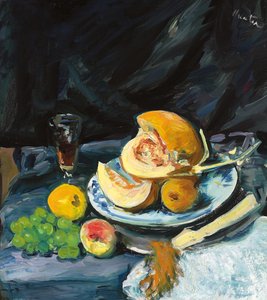 Still Life with Cut Melon, Glass and Fan by George Leslie Hunter